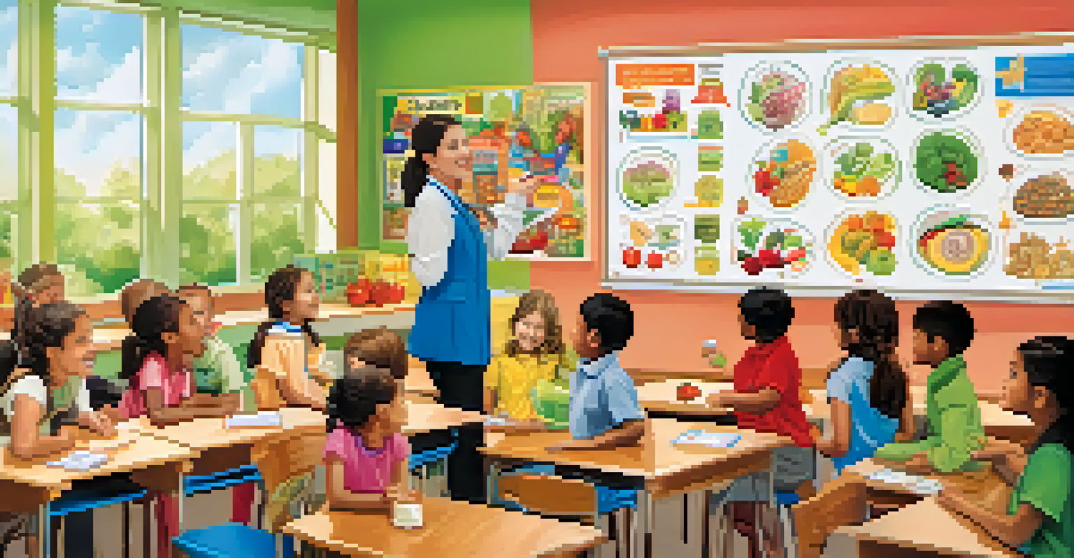 Children in a classroom learning about nutrition with a teacher and colorful educational materials around them.