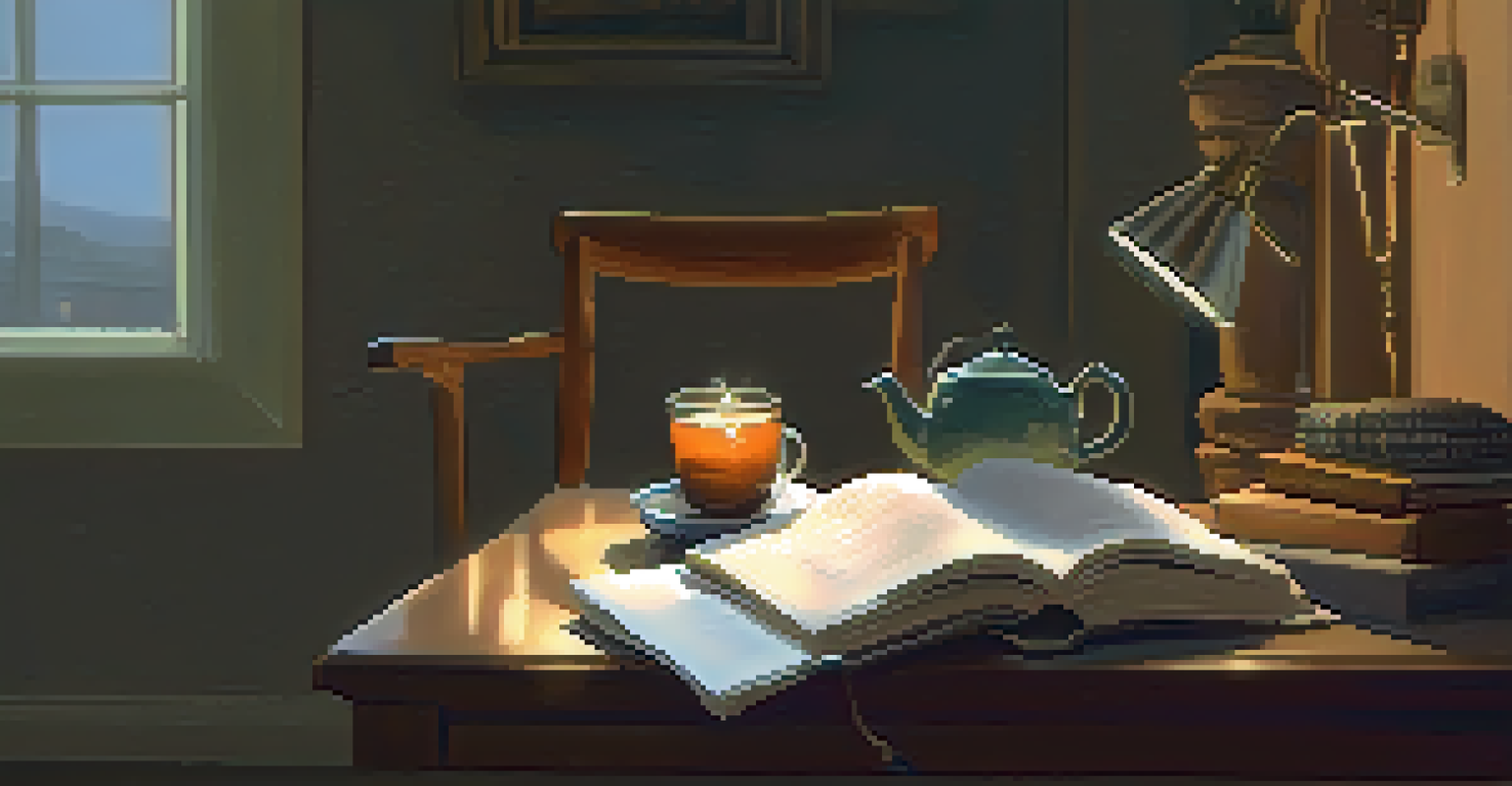 A person journaling in a cozy room with dim lighting and a cup of herbal tea, creating a peaceful atmosphere for a bedtime routine.