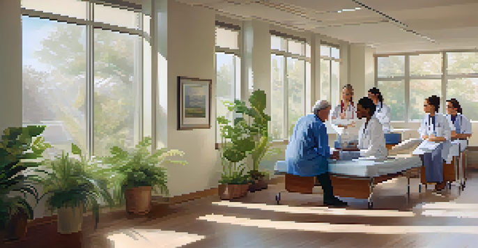 A diverse group of healthcare professionals interacting with a patient in a well-lit, welcoming consultation room.