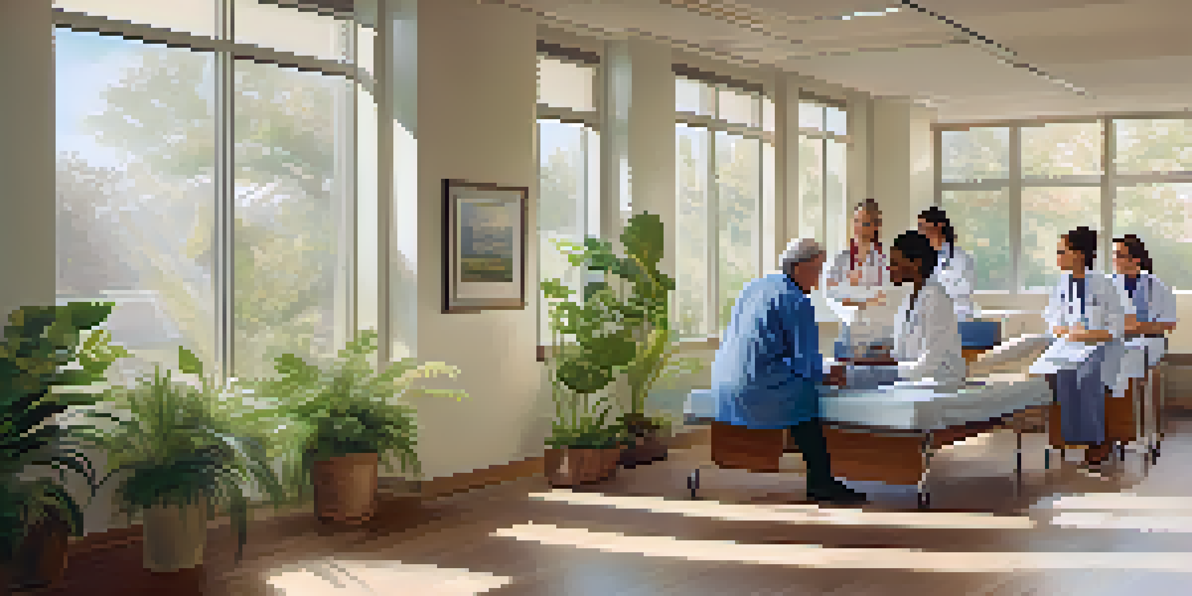 A diverse group of healthcare professionals interacting with a patient in a well-lit, welcoming consultation room.
