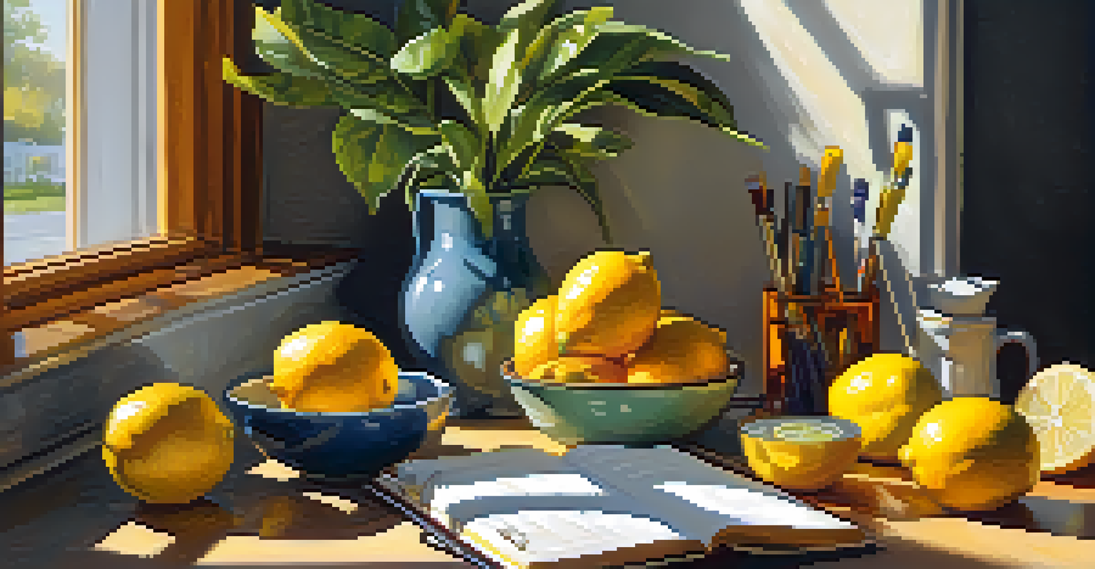 An energetic workspace with citrus fruits and essential oils, promoting a lively atmosphere.