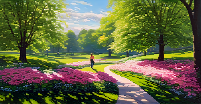 A person walking in a colorful spring park filled with blooming flowers and green trees under a clear blue sky.