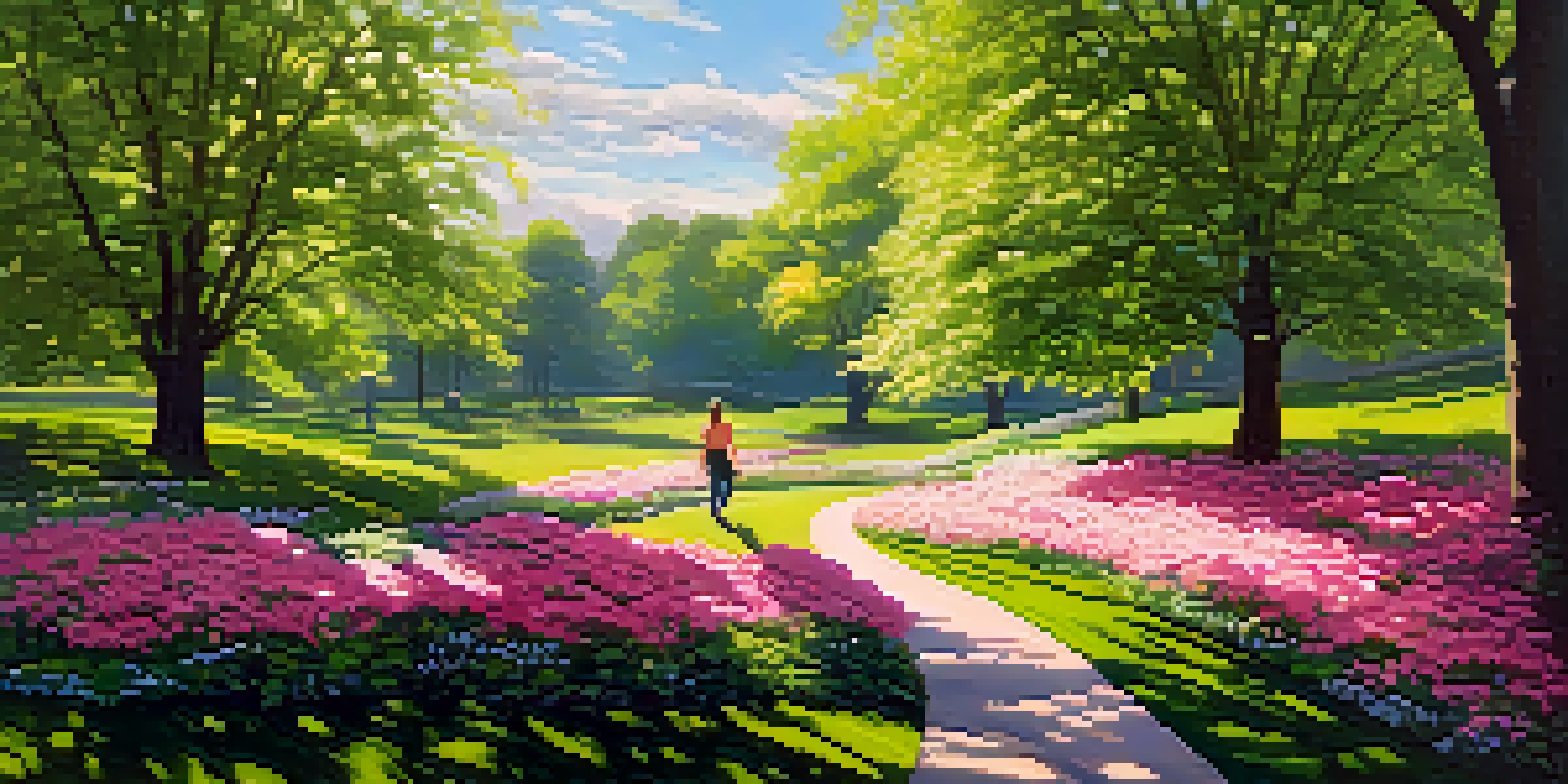 A person walking in a colorful spring park filled with blooming flowers and green trees under a clear blue sky.
