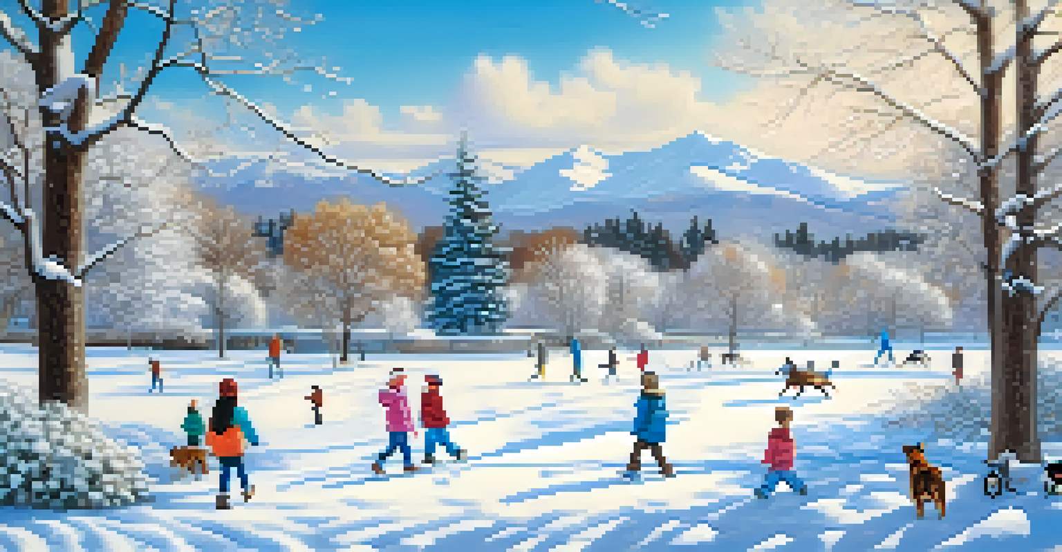 A snowy park with people enjoying winter activities like walking dogs and building a snowman.