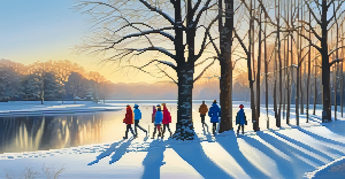 A group of friends walking in a snowy park at sunrise, surrounded by frosty trees and a frozen pond.