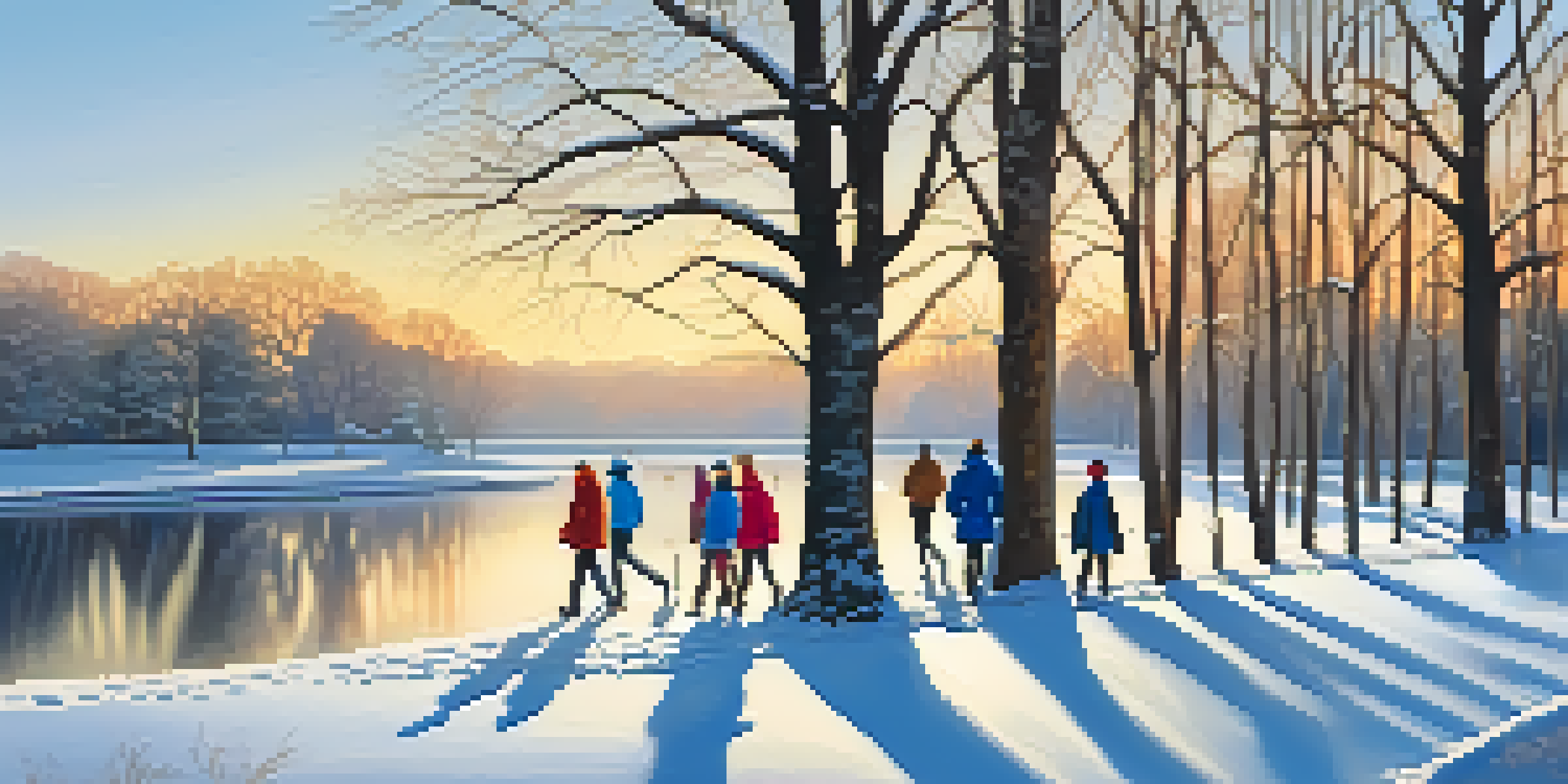A group of friends walking in a snowy park at sunrise, surrounded by frosty trees and a frozen pond.