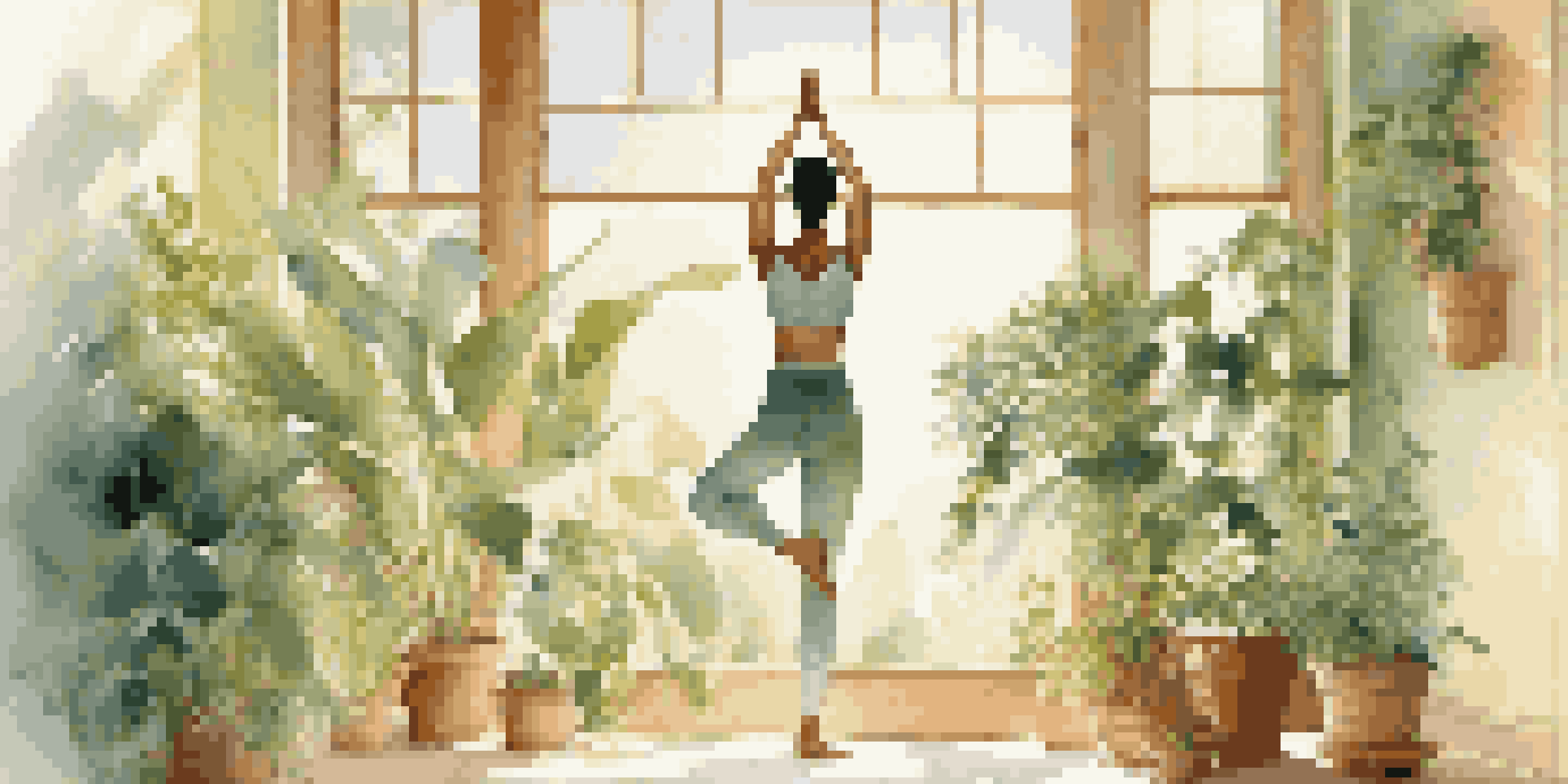 A woman practicing yoga in a peaceful, sunlit room filled with greenery, showcasing a calm and serene environment.
