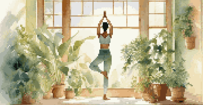 A woman practicing yoga in a peaceful, sunlit room filled with greenery, showcasing a calm and serene environment.