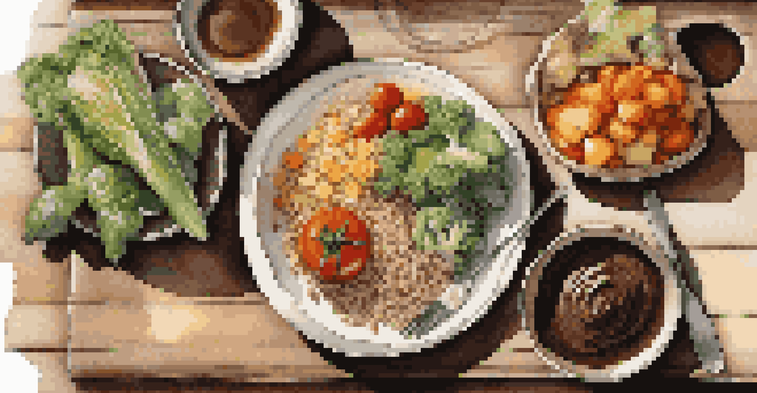 An overhead view of a plate filled with colorful healthy foods, including vegetables and grains, on a wooden table with sunlight creating shadows.