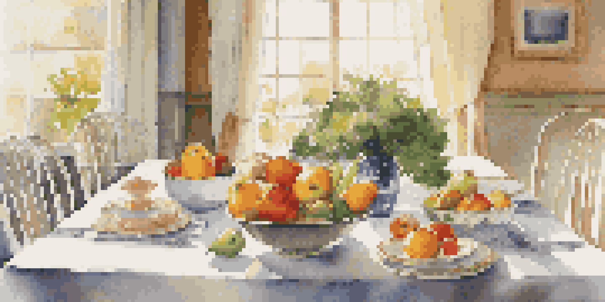 A beautifully set dining table with fresh fruits and vegetables, illuminated by soft sunlight, creating a peaceful environment for mindful eating.