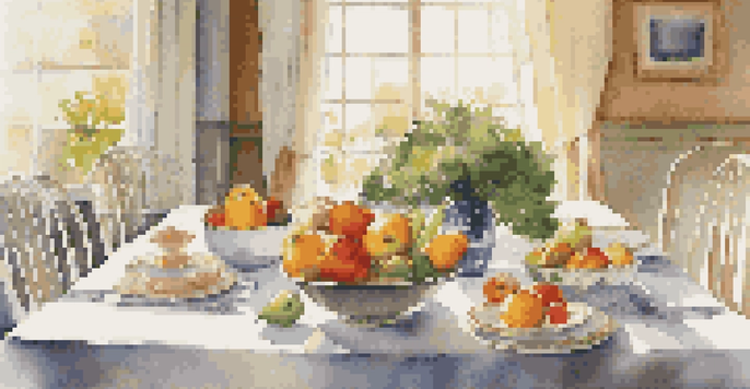 A beautifully set dining table with fresh fruits and vegetables, illuminated by soft sunlight, creating a peaceful environment for mindful eating.