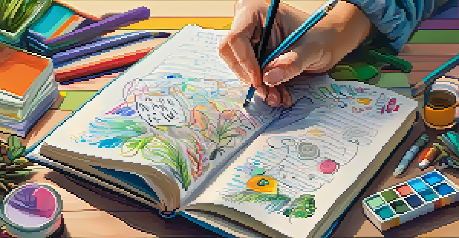 A close-up of a hand writing in a colorful journal, with doodles and sketches around, set in a vibrant and creative workspace.
