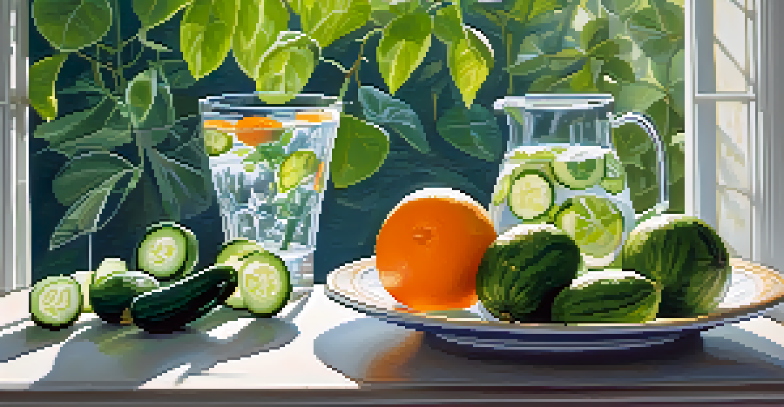A glass of water beside a bowl of cucumbers and oranges, with sunlight shining through a plant.