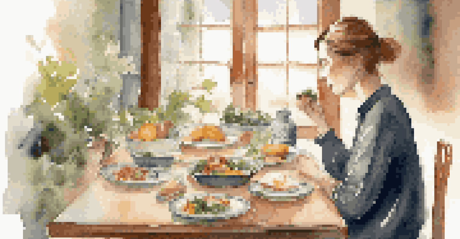 A person enjoying a beautifully plated meal at a dining table, practicing mindful eating in a calm and softly lit environment.