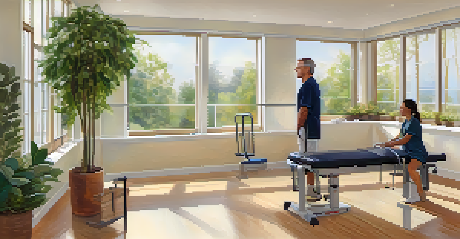 A physical therapist helping a patient with knee strengthening exercises in a bright rehabilitation room.