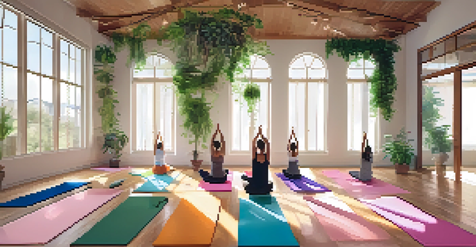 A group of people practicing Hatha yoga in a bright studio filled with plants and artwork, showcasing a peaceful and inclusive yoga environment.