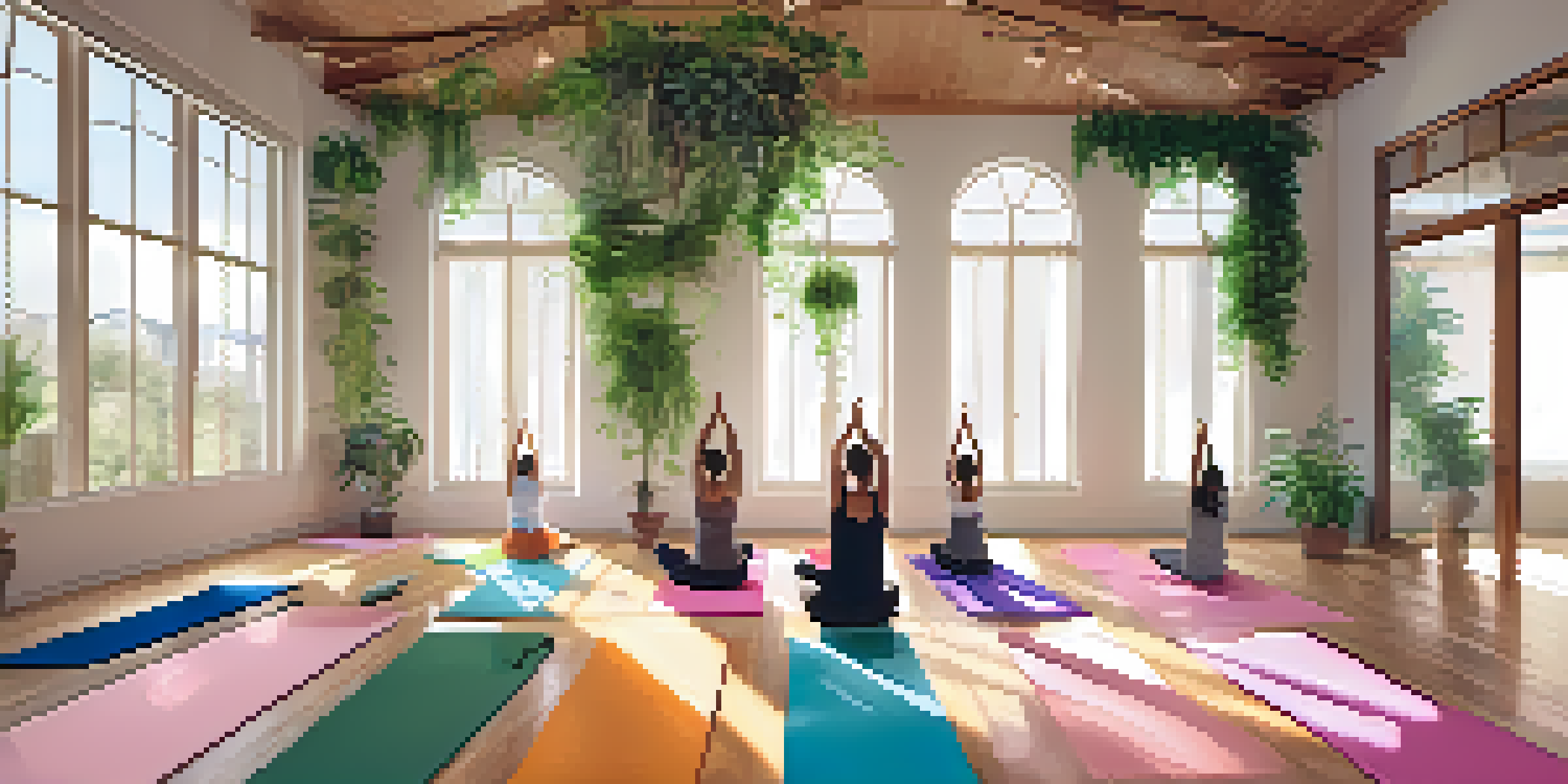 A group of people practicing Hatha yoga in a bright studio filled with plants and artwork, showcasing a peaceful and inclusive yoga environment.