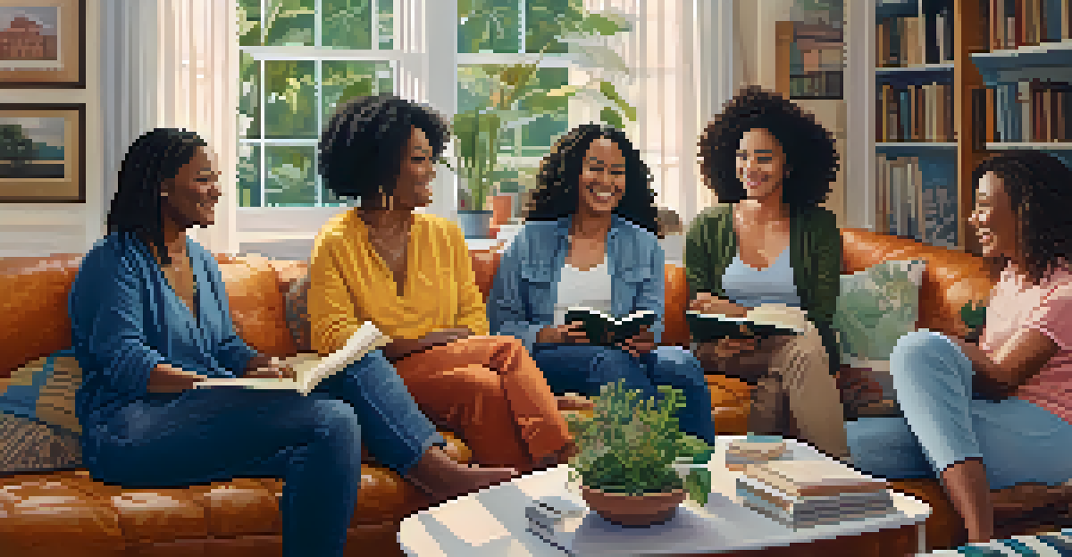 A diverse group of women sitting together in a cozy living room, sharing stories and laughter in a supportive environment.