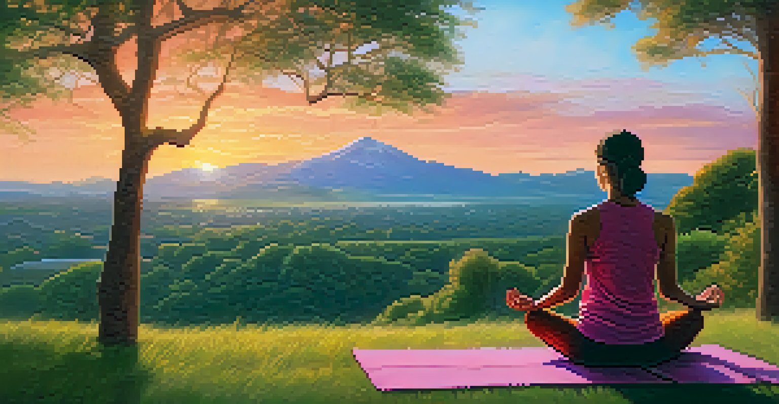 A person practicing yoga at sunset on a hillside, surrounded by nature.