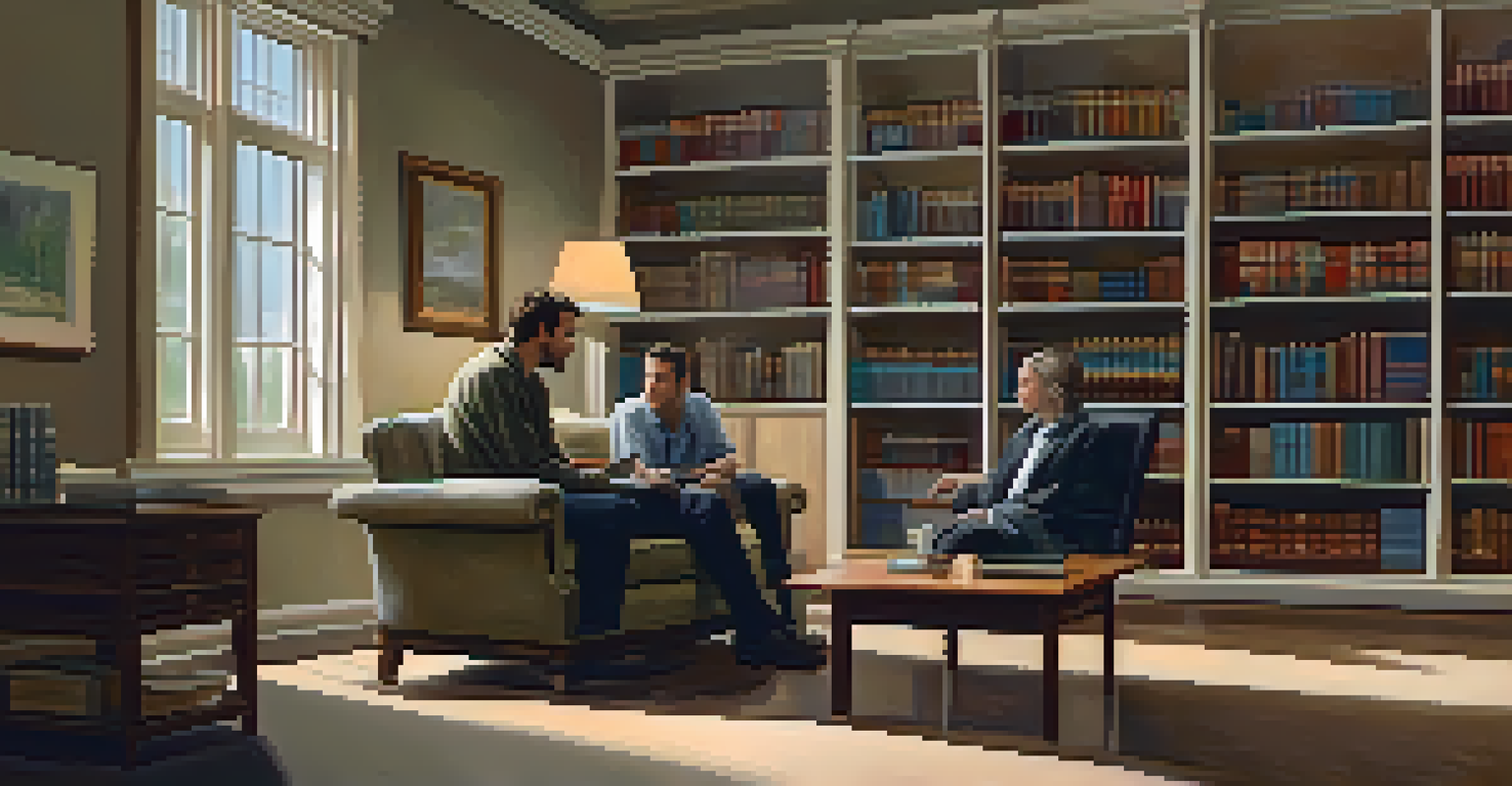 A counselor attentively listening to a distressed individual in a calm office, filled with natural light and warm decor.