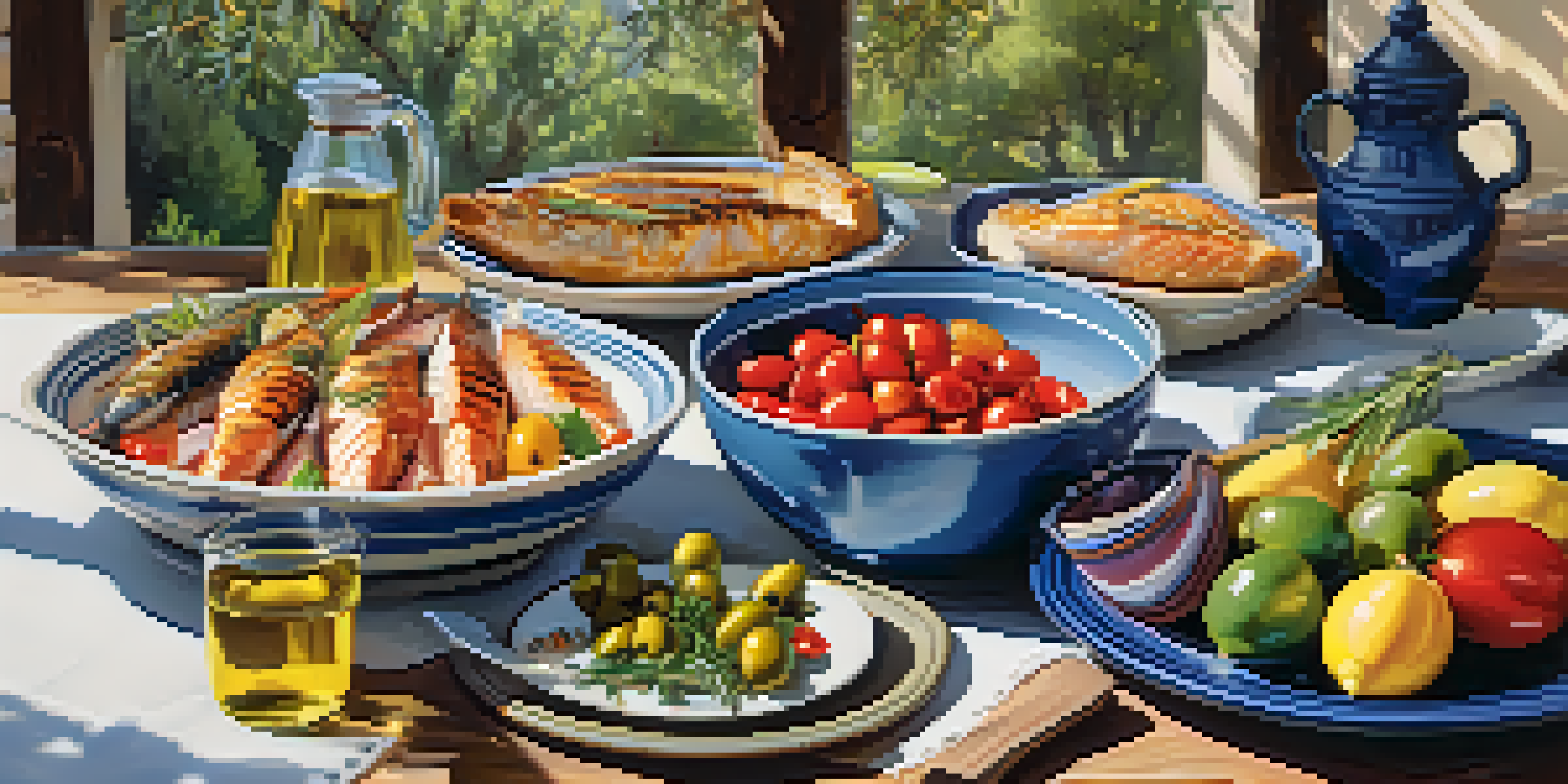 A colorful Mediterranean meal on a rustic wooden table, featuring grilled fish and fresh vegetables under soft natural light.
