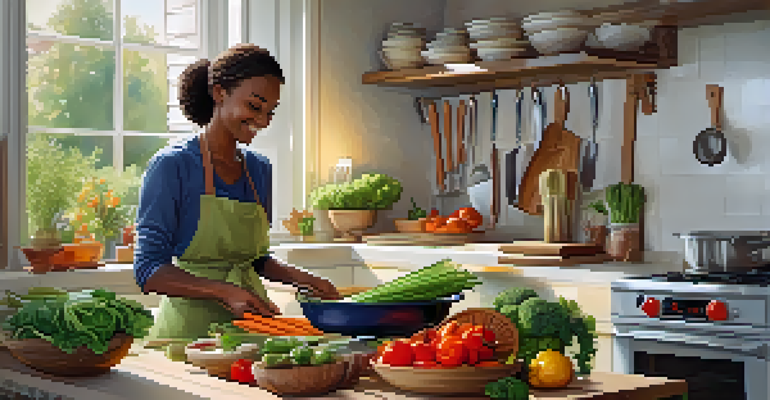 A warm kitchen scene with a person cooking, surrounded by fresh ingredients and a cookbook, illuminated by soft lighting.