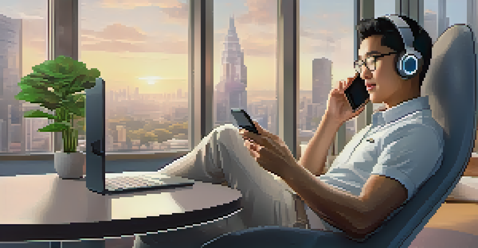 An employee using a mobile app for stress management in a modern home office, with a visible app interface on the smartphone.