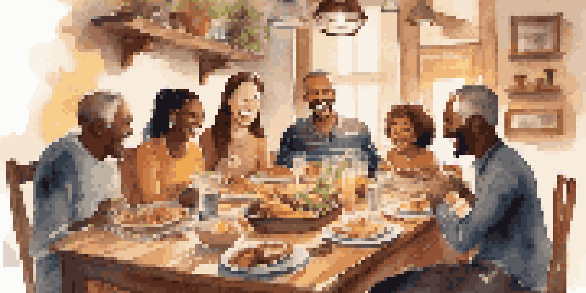 A diverse family enjoying a Sunday dinner together at a wooden table, filled with various dishes, in a warmly lit room.