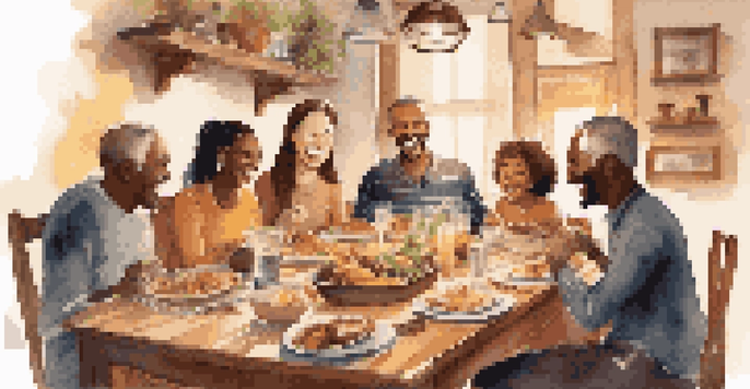 A diverse family enjoying a Sunday dinner together at a wooden table, filled with various dishes, in a warmly lit room.