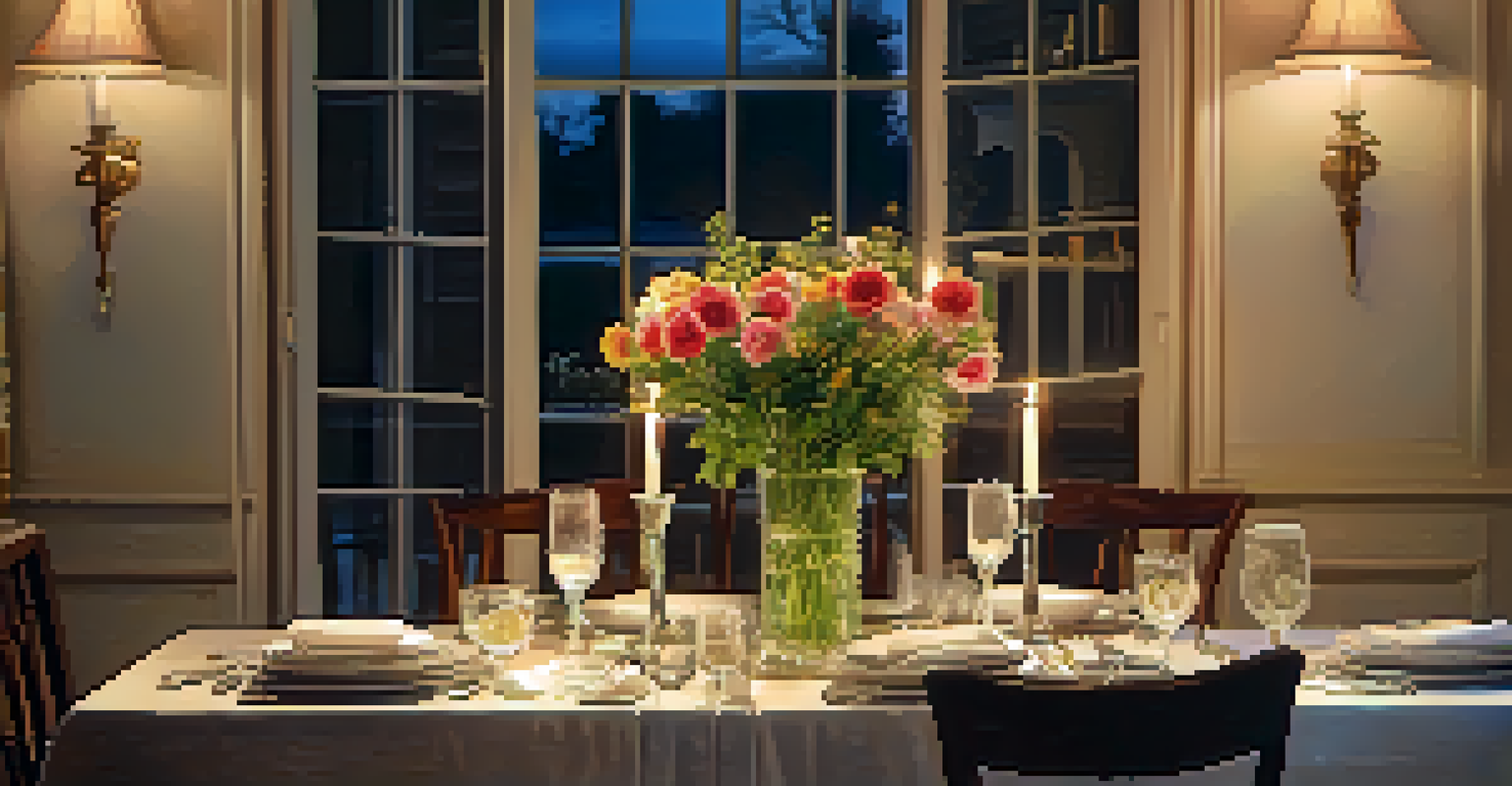 A dining room table elegantly set for a meal with flowers and candles, creating a cozy and inviting ambiance.