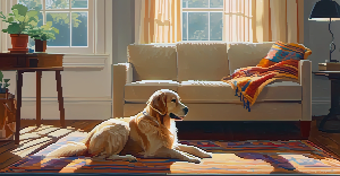 A golden retriever resting on a rug in a sunlit living room, with plants and a cozy armchair in the background.