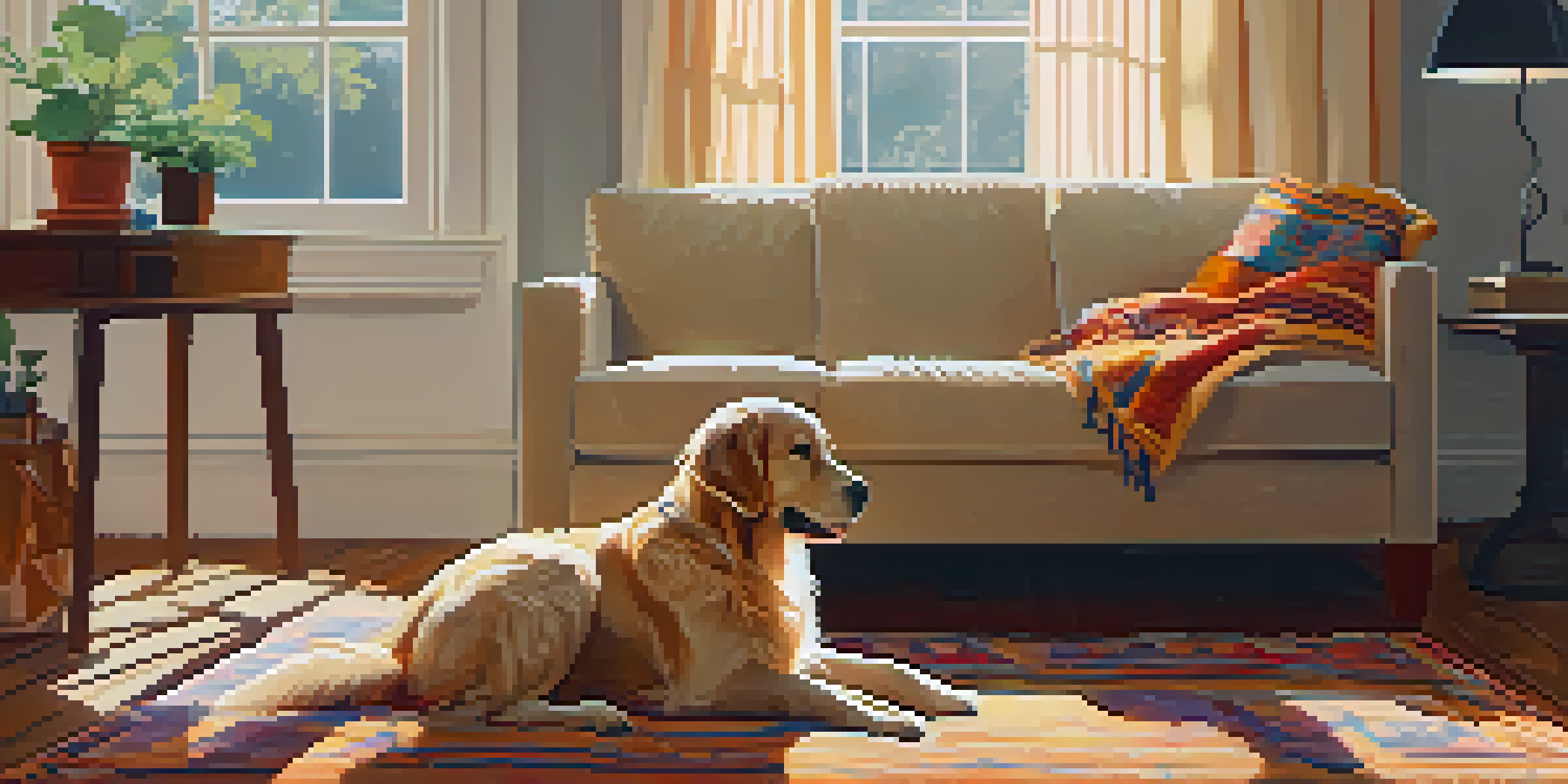 A golden retriever resting on a rug in a sunlit living room, with plants and a cozy armchair in the background.