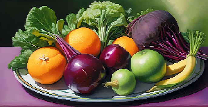 A colorful plate filled with diverse fruits and vegetables showcasing nutritional diversity.