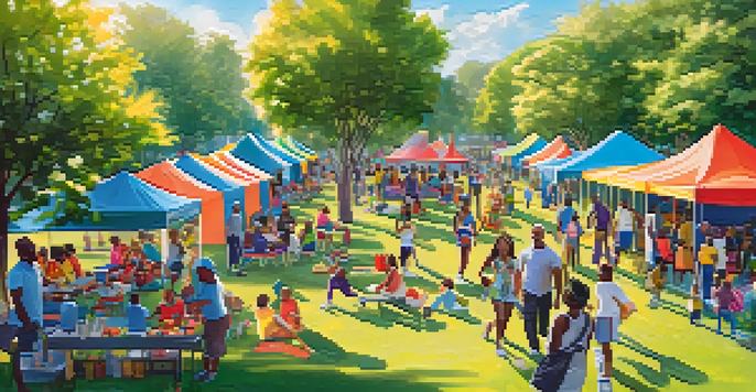 A lively community health fair with diverse groups of people participating in fitness demonstrations and cooking classes under colorful tents in a park.