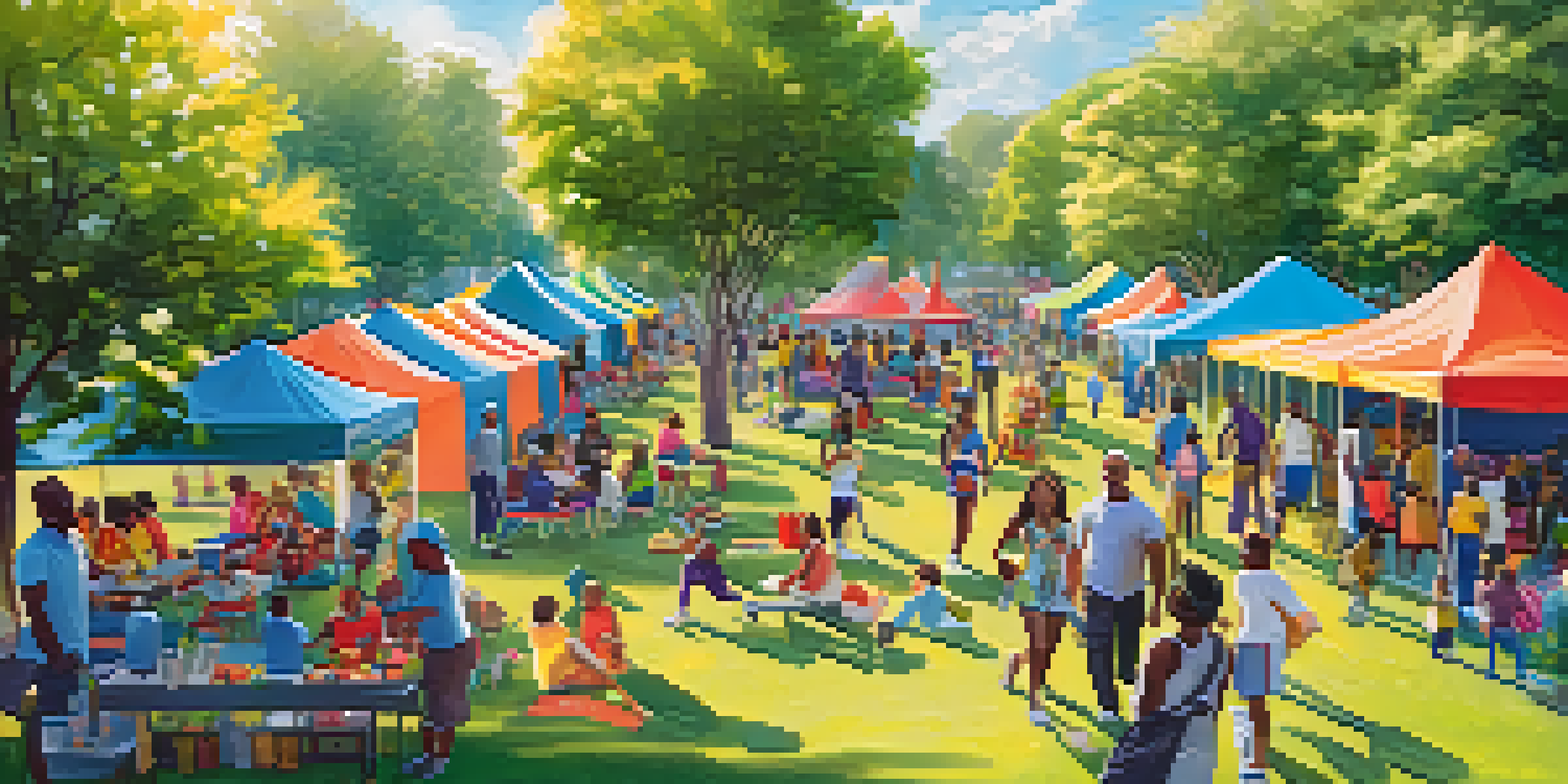 A lively community health fair with diverse groups of people participating in fitness demonstrations and cooking classes under colorful tents in a park.