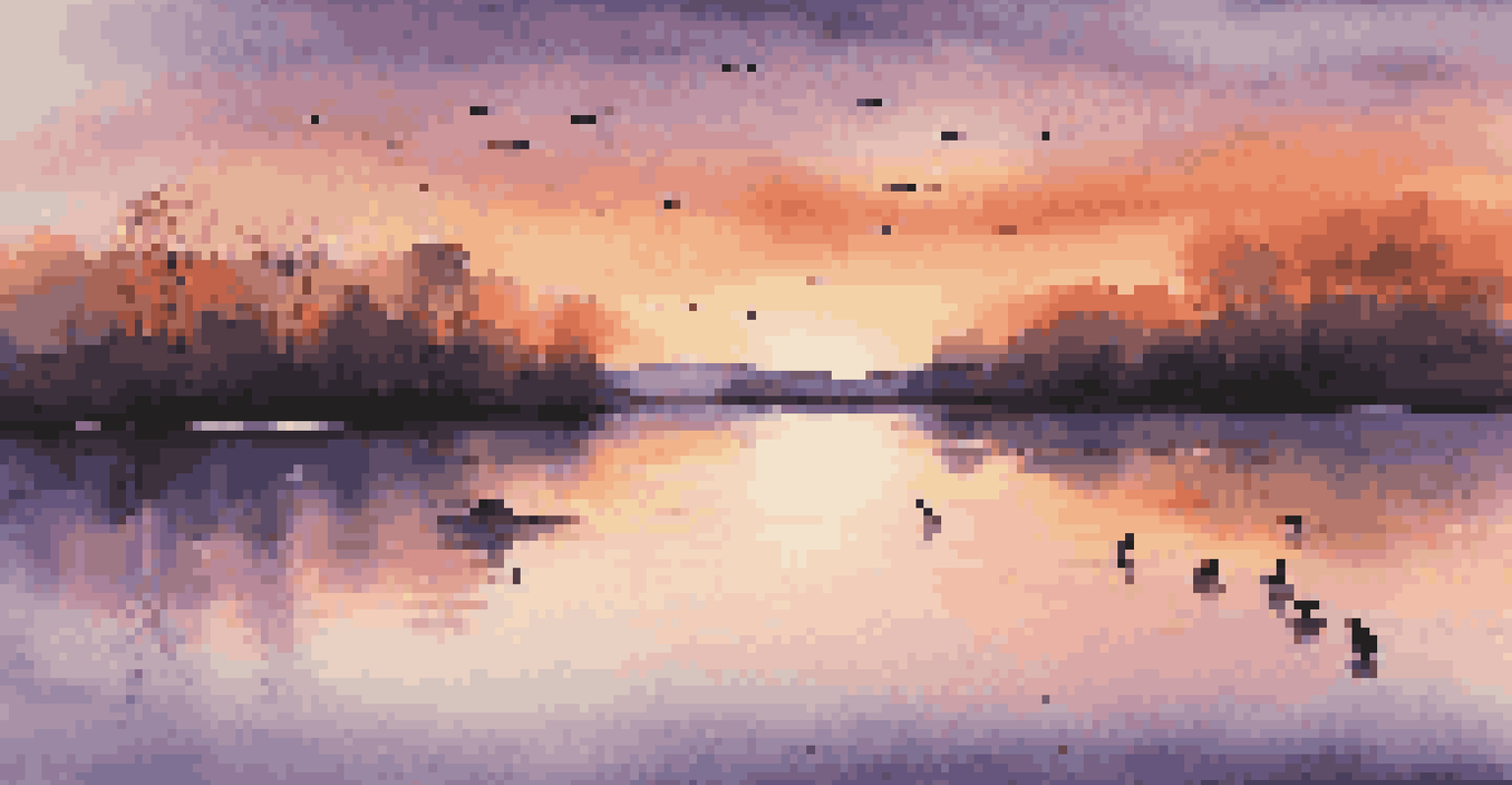 A picturesque lakeside at sunset with vibrant colors and a person practicing mindfulness by the water.