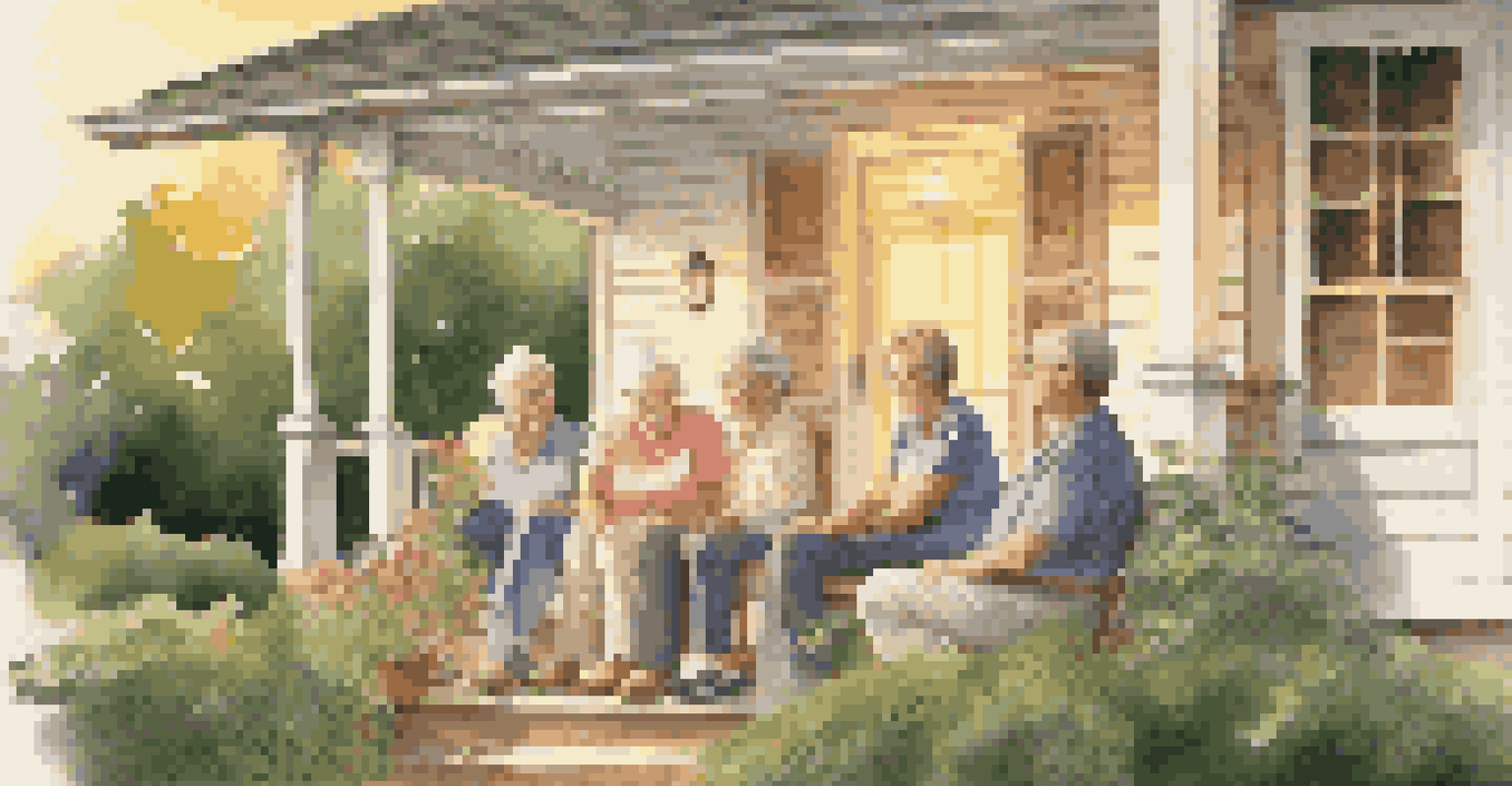 A grandparent sharing a vaccination story with younger family members on a porch, surrounded by greenery and a warm sunset.