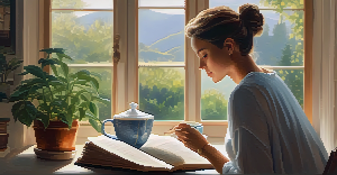 A caregiver enjoying a peaceful moment in a reading nook, surrounded by greenery and sunlight, with a book and a cup of tea.