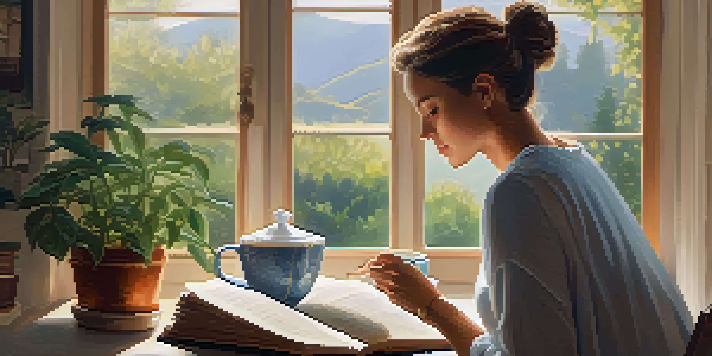 A caregiver enjoying a peaceful moment in a reading nook, surrounded by greenery and sunlight, with a book and a cup of tea.