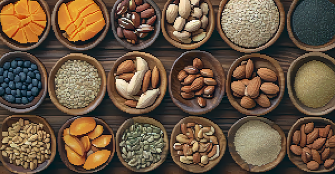 A wooden table showcasing an assortment of colorful nuts and seeds in small bowls, illuminated by soft natural light.