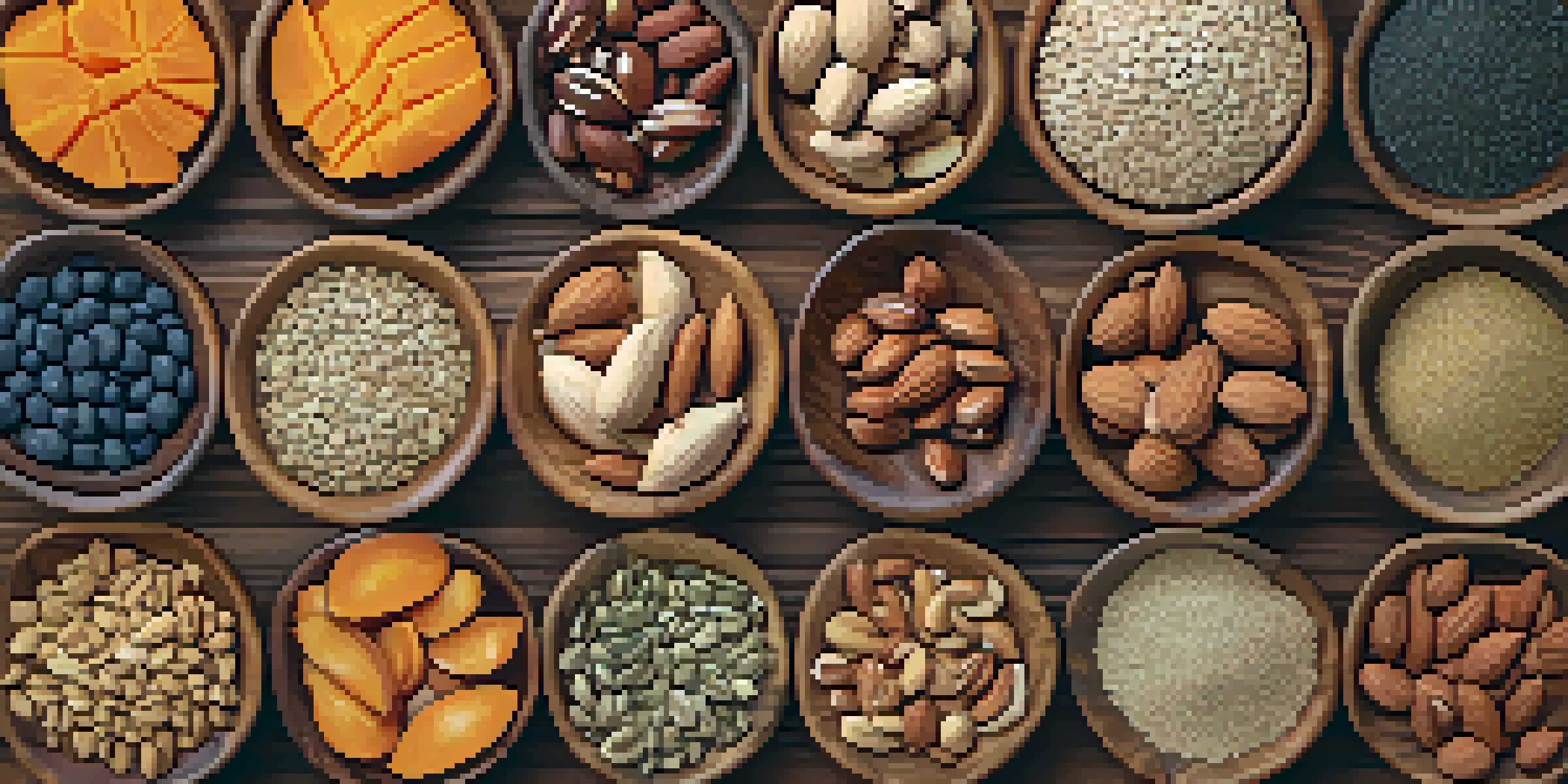A wooden table showcasing an assortment of colorful nuts and seeds in small bowls, illuminated by soft natural light.