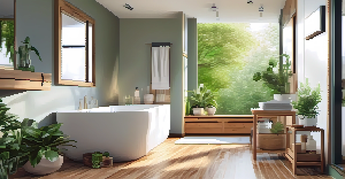 An eco-friendly bathroom with bamboo flooring, reclaimed wood, and plants, illuminated by natural light from a skylight.