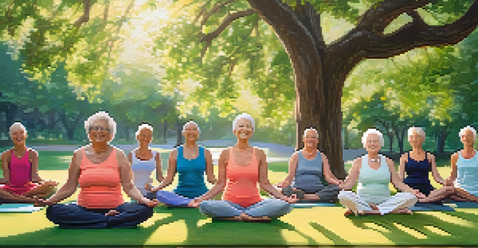A diverse group of seniors practicing yoga outdoors in a sunny park, surrounded by greenery and flowers.