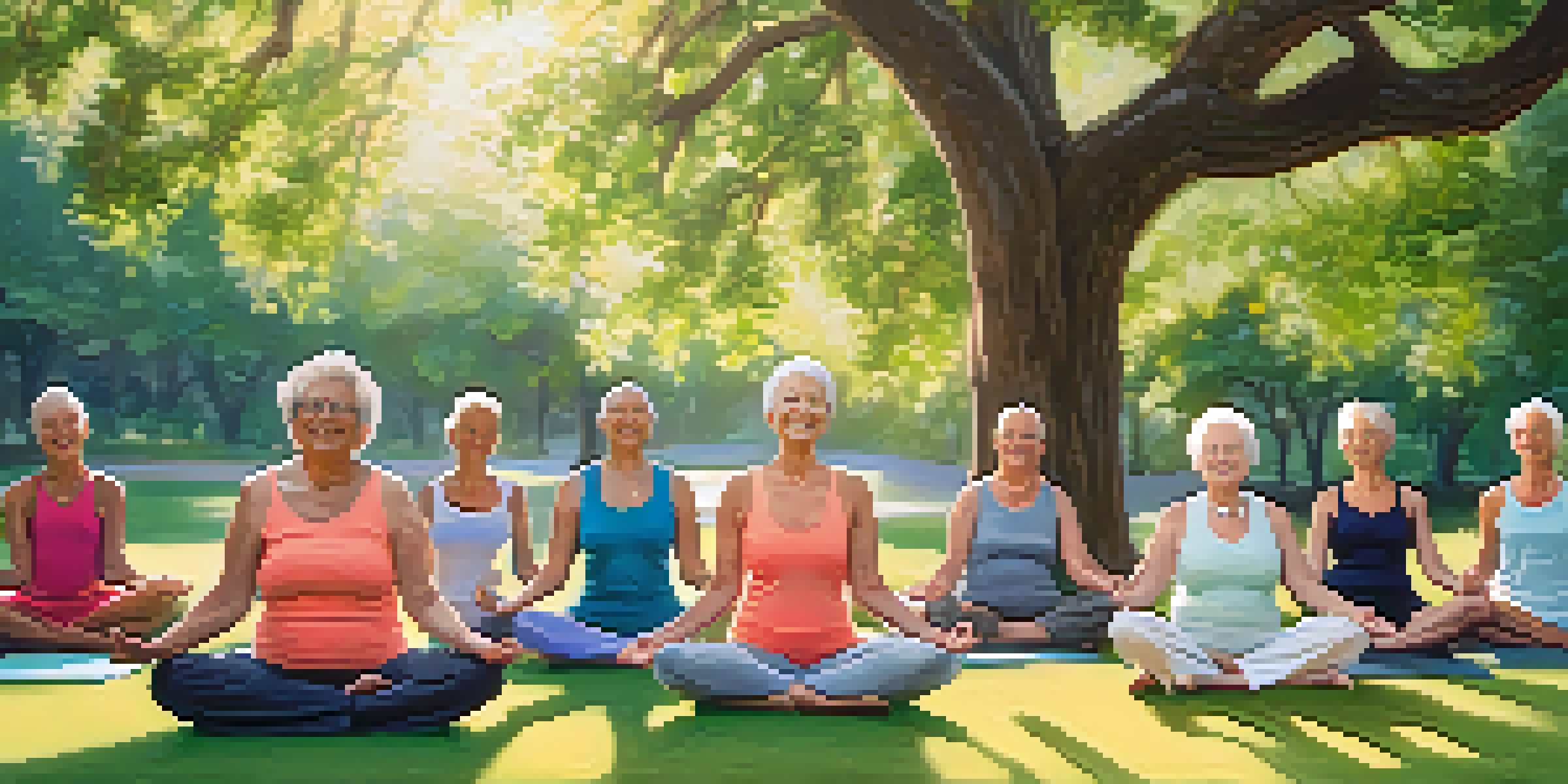 A diverse group of seniors practicing yoga outdoors in a sunny park, surrounded by greenery and flowers.