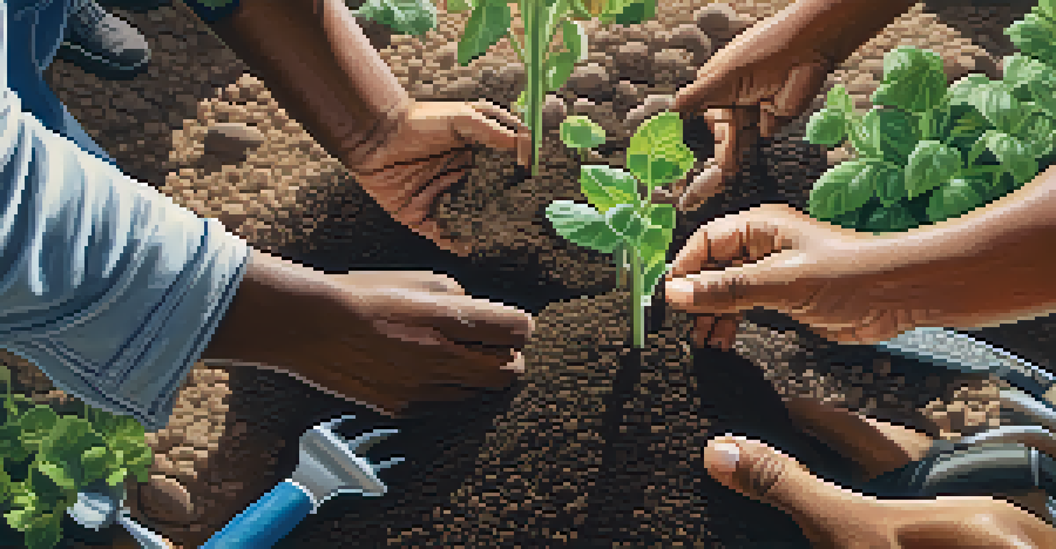 Hands of different ethnicities working together to plant a community garden, showcasing collaboration and unity in health initiatives.