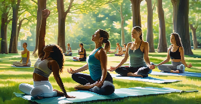 A diverse group of women practicing yoga outdoors in a green park, with sunlight filtering through the trees.