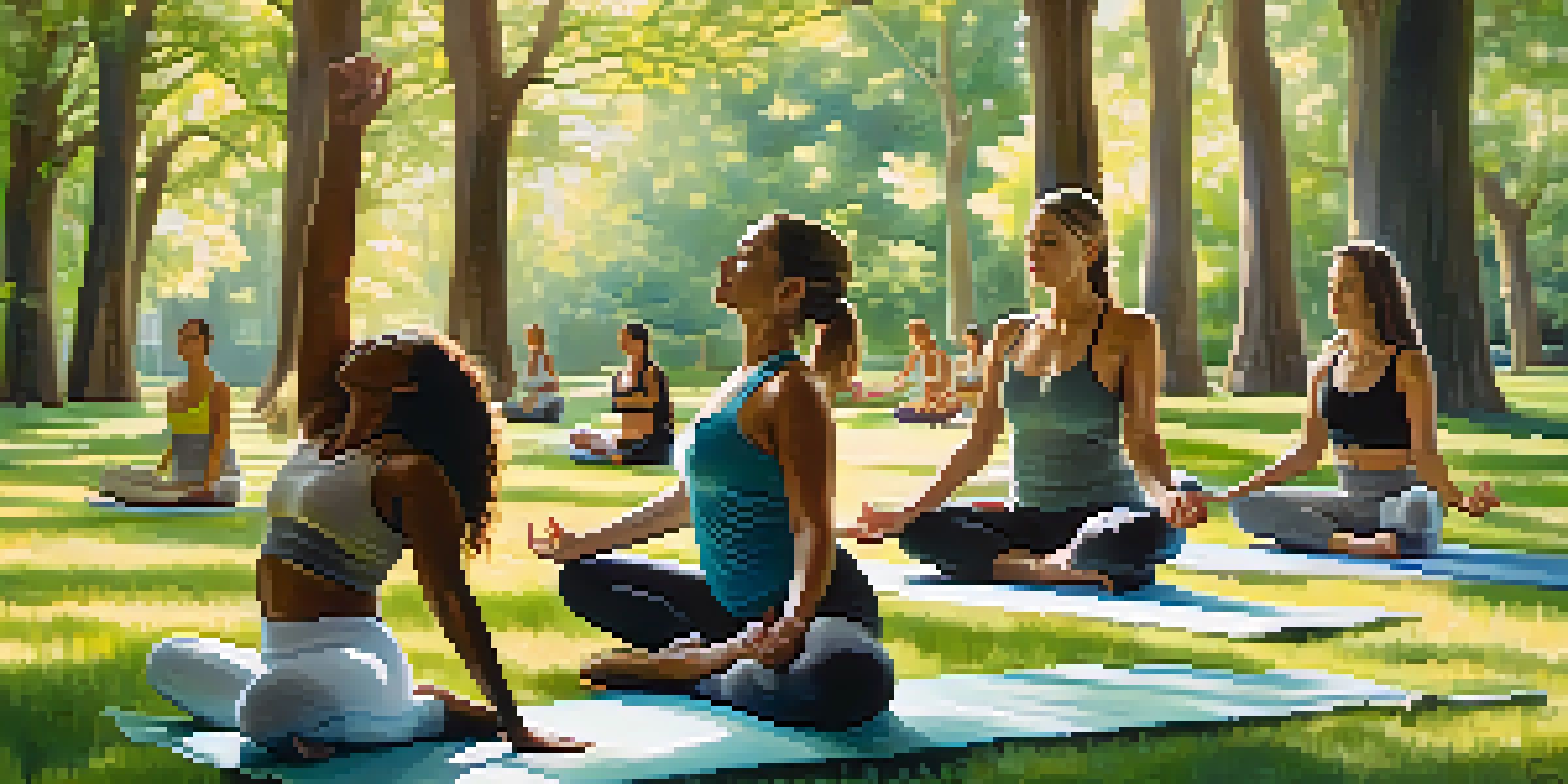 A diverse group of women practicing yoga outdoors in a green park, with sunlight filtering through the trees.