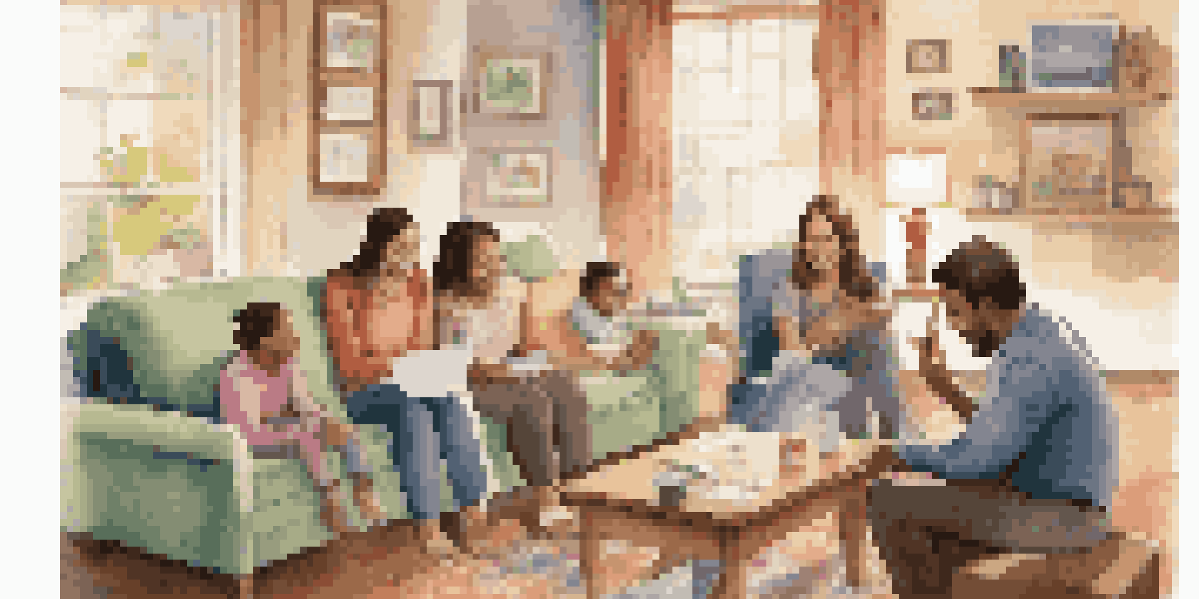 A family conversing in a cozy living room about vaccinations, with pamphlets and a laptop visible, and children playing in the background.