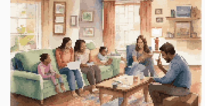 A family conversing in a cozy living room about vaccinations, with pamphlets and a laptop visible, and children playing in the background.
