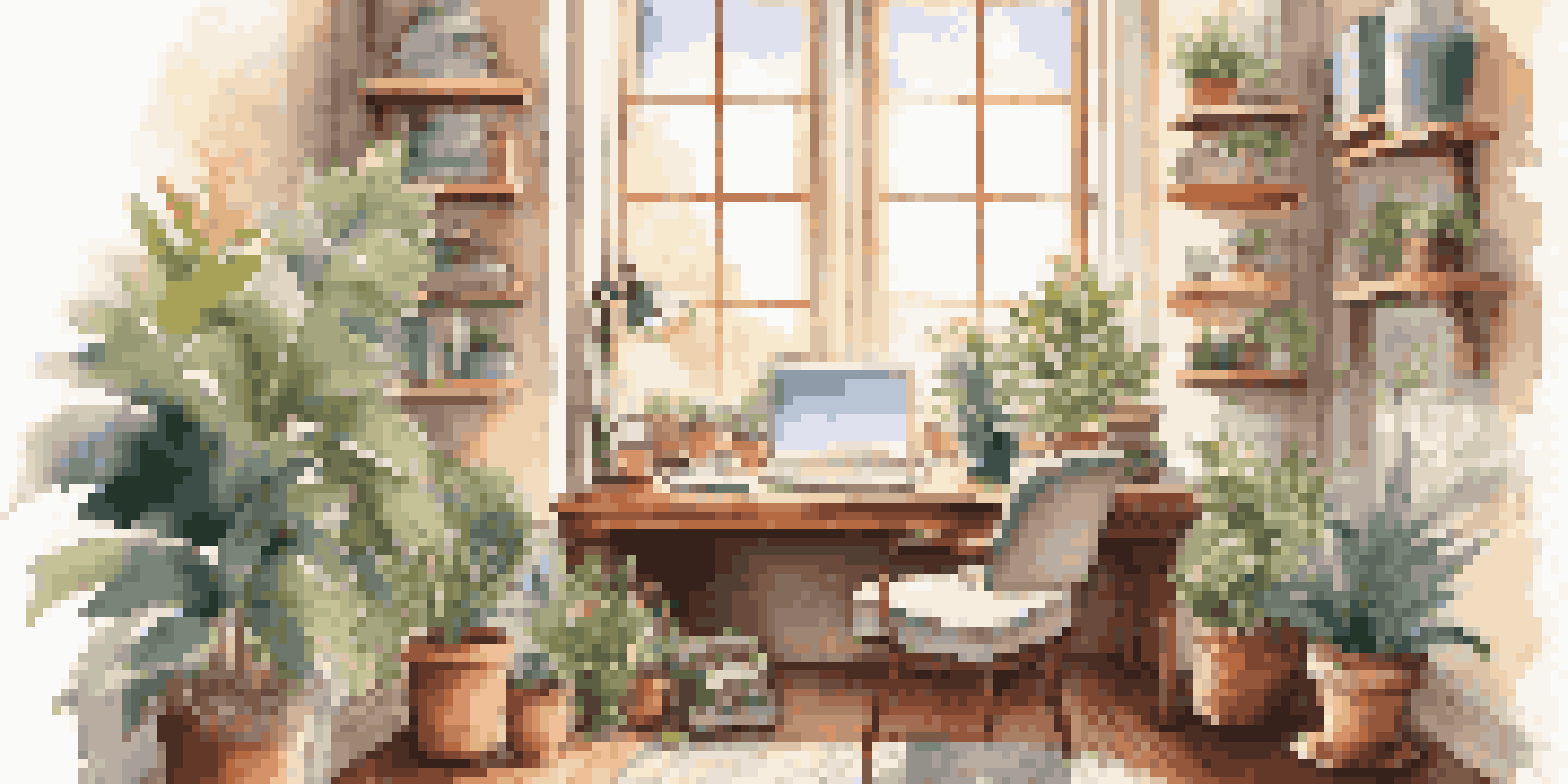 A cozy home office with an armchair, a cup of tea, and sunlight pouring through a window, surrounded by plants, reflecting a peaceful work-life balance.